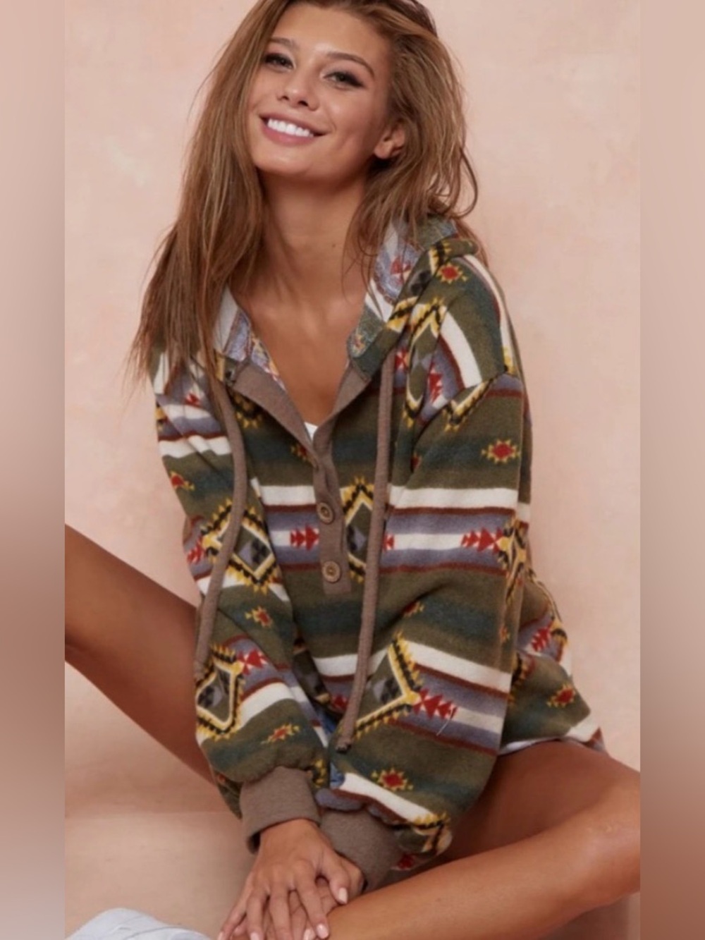 BiBi Olive Green Aztec Hooded Pullover with Cream & Rust Stripes